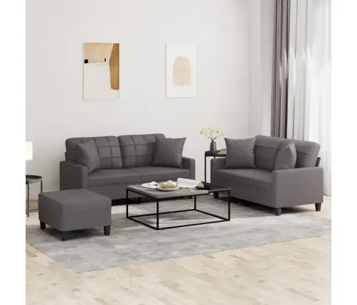 Trīsdaļīgs Dīvānu Komplekts Ar Spilveniem, Pelēka Mākslīgā Āda Vidaxl