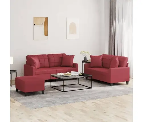 Trīsdaļīgs Dīvānu Komplekts Ar Spilveniem, Sarkana Mākslīgā Āda Vidaxl