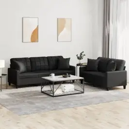 Sofos Komplektas Su Pagalvėmis, 2 Dalių, Juodas, Dirbtinė Oda