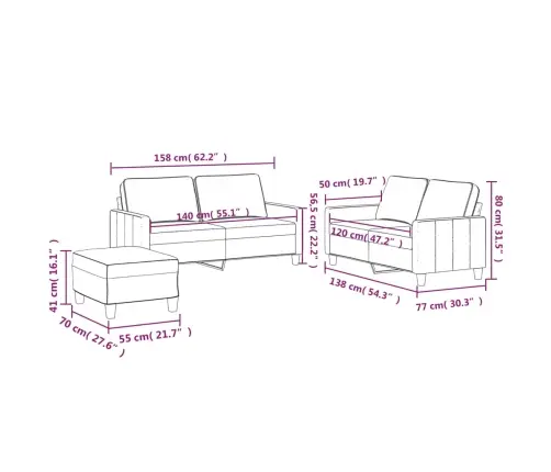 3-Osaline Diivanikomplekt Patjadega, Kreemjas, Samet