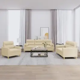 Sofos Komplektas Su Pagalvėmis, 3 Dalių, Kreminis, Audinys