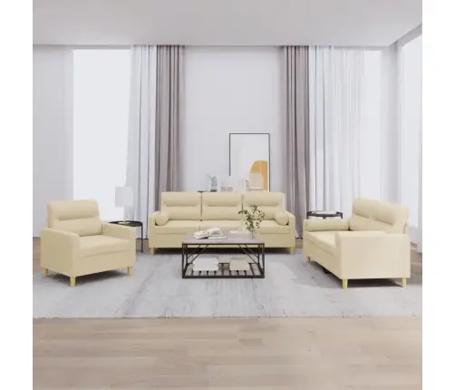 Trīsdaļīgs Dīvānu Komplekts Ar Spilveniem, Krēmkrāsas Audums Vidaxl