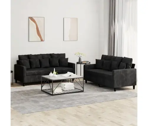 Sofos Komplektas Su Pagalvėlėmis, 2 Dalių, Juodas, Aksomas