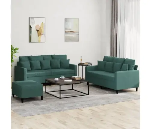 Sofos Komplektas Su Pagalvėlėmis, 3 Dalių, Žalias, Aksomas