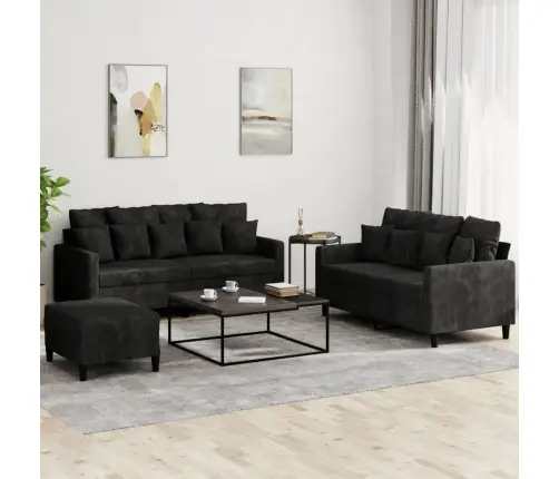 Sofos Komplektas Su Pagalvėlėmis, 3 Dalių, Juodas, Aksomas