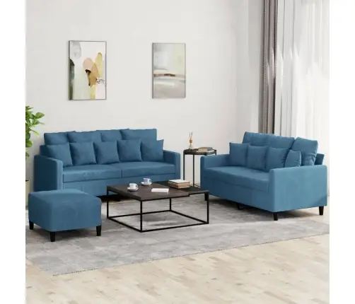 Trīsdaļīgs Dīvānu Komplekts Ar Spilveniem, Zils Samts Vidaxl