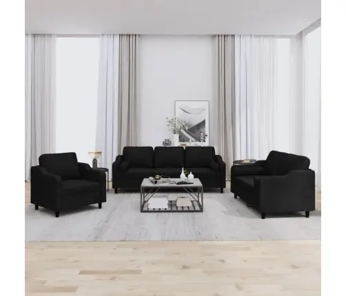 Sofos Komplektas Su Pagalvėmis, 3 Dalių, Juodas, Audinys