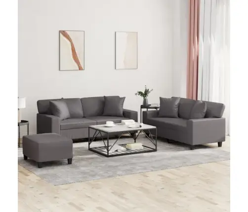 Sofos Komplektas Su Pagalvėmis, 3 Dalių, Pilkas, Dirbtinė Oda