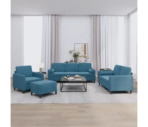 Sofos Komplektas Su Pagalvėmis, 4 Dalių, Mėlynas, Aksomas