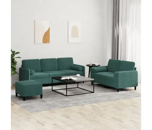 Sofos Komplektas Su Pagalvėmis, 3 Dalių, Žalias, Aksomas