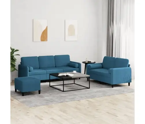 Sofos Komplektas Su Pagalvėmis, 3 Dalių, Mėlynas, Aksomas