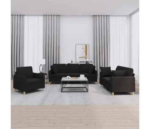 Sofos Komplektas Su Pagalvėmis, 3 Dalių, Juodas, Audinys