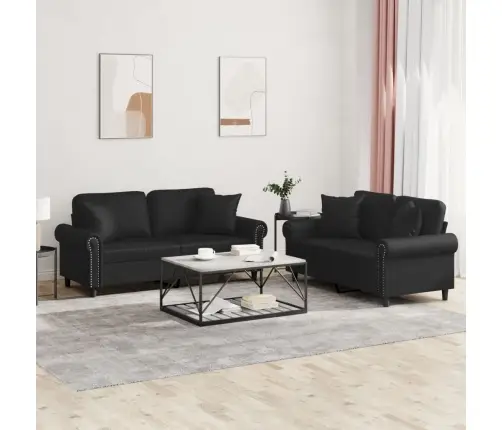 2-Osaline Diivanikomplekt Patjadega, Must, Kunstnahk