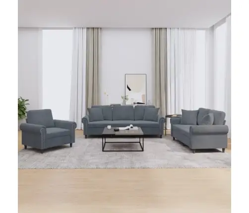 Sofos Komplektas Su Pagalvėmis, 3 Dalių, Pilkas, Aksomas