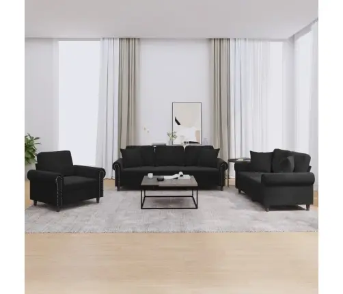 Trīsdaļīgs Dīvānu Komplekts Ar Spilveniem, Melns Samts Vidaxl