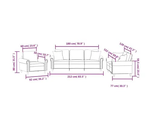 3-Osaline Diivanikomplekt Patjadega, Pruun, Samet