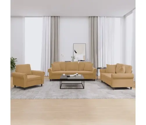 3-Osaline Diivanikomplekt Patjadega, Pruun, Samet