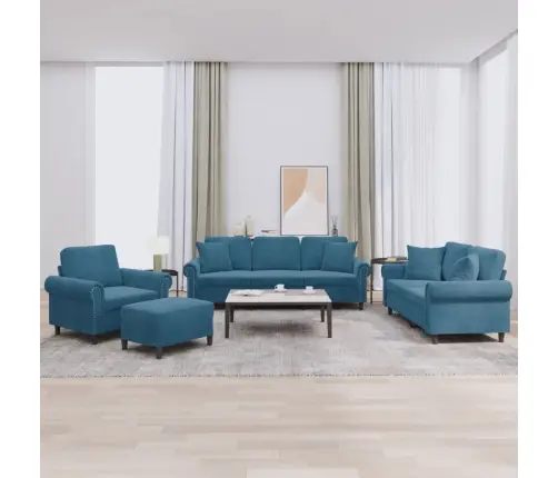 4 Gabalu Dīvānu Komplekts Ar Spilveniem Zilais Samts Vidaxl