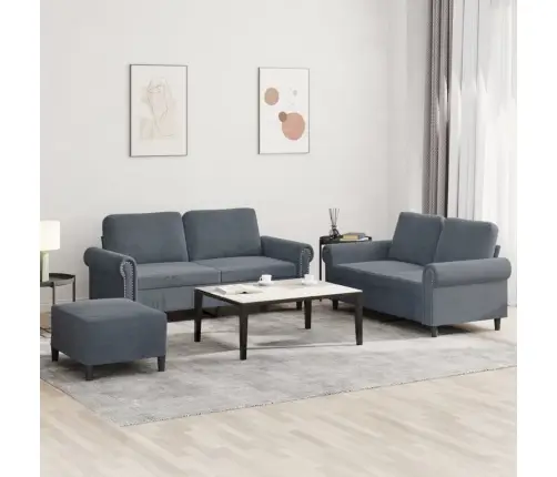 Sofos Komplektas Su Pagalvėlėmis, 3 Dalių, Pilkas, Aksomas