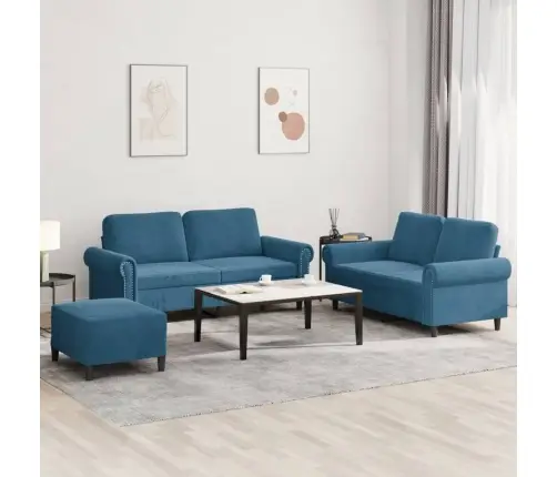 Sofos Komplektas Su Pagalvėlėmis, 3 Dalių, Mėlynas, Aksomas