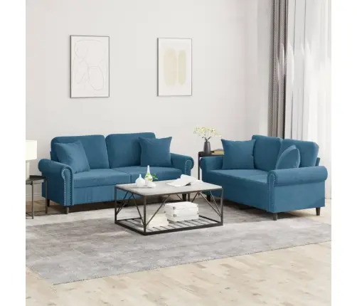 Divdaļīgs Dīvānu Komplekts Ar Spilveniem, Zils Samts Vidaxl