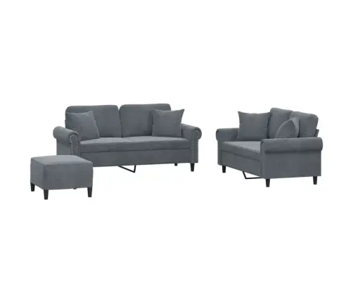 Sofos Komplektas Su Pagalvėmis, 3 Dalių, Pilkas, Aksomas