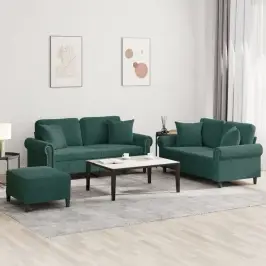 Sofos Komplektas Su Pagalvėmis, 3 Dalių, Žalias, Aksomas