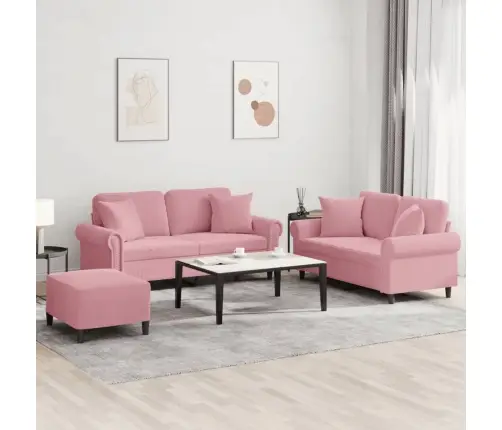 Sofos Komplektas Su Pagalvėmis, 3 Dalių, Rožinis, Aksomas