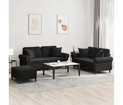 3-Osaline Diivanikomplekt Patjadega, Must, Samet