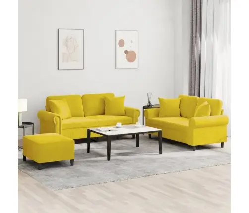 Trīsdaļīgs Dīvānu Komplekts Ar Spilveniem, Dzeltens Samts Vidaxl