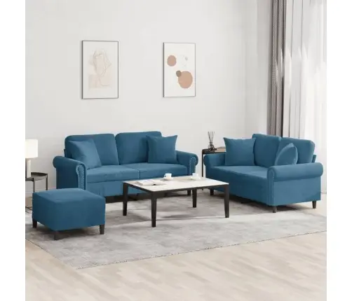 Trīsdaļīgs Dīvānu Komplekts Ar Spilveniem, Zils Samts Vidaxl
