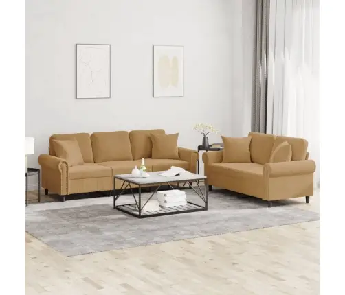 Sofos Komplektas Su Pagalvėmis, 2 Dalių, Rudas, Aksomas