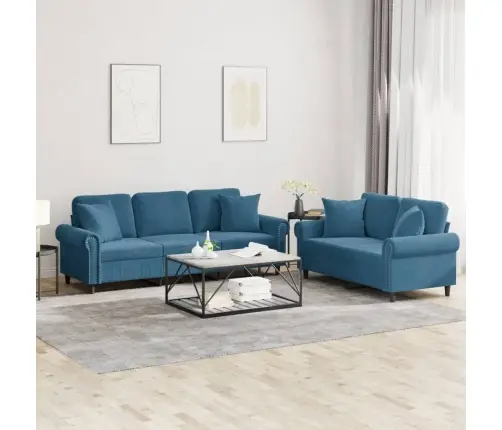 Divdaļīgs Dīvānu Komplekts Ar Spilveniem, Zils Samts Vidaxl