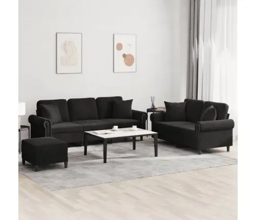 3-Osaline Diivanikomplekt Patjadega, Must, Samet