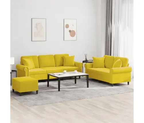 Trīsdaļīgs Dīvānu Komplekts Ar Spilveniem, Dzeltens Samts Vidaxl
