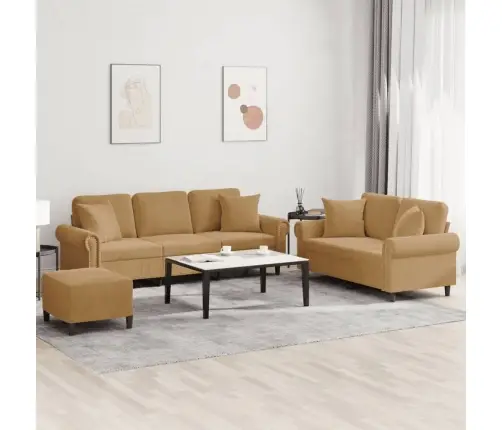 Sofos Komplektas Su Pagalvėmis, 3 Dalių, Rudas, Aksomas