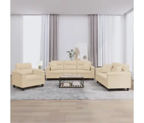 Trīsdaļīgs Dīvānu Komplekts Ar Spilveniem, Krēm Audums Vidaxl