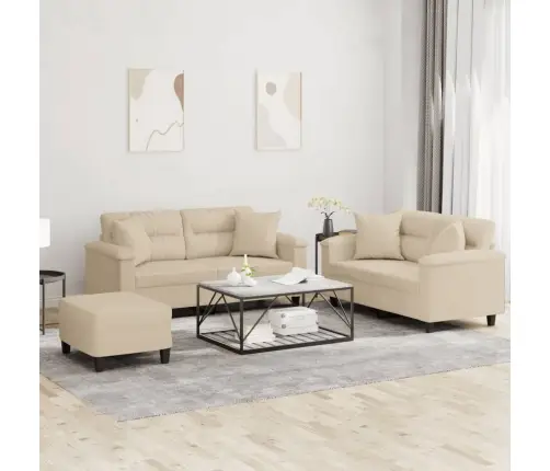 3-Osaline Diivanikomplekt Patjadega, Kreemjas, Mikrofiiber