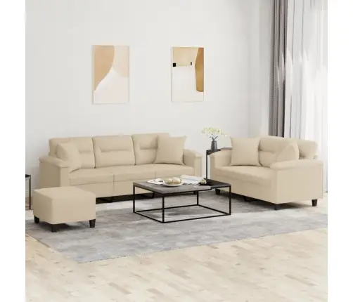 Sofos Komplektas Su Pagalvėmis, 3 Dalių, Kreminis, Audinys