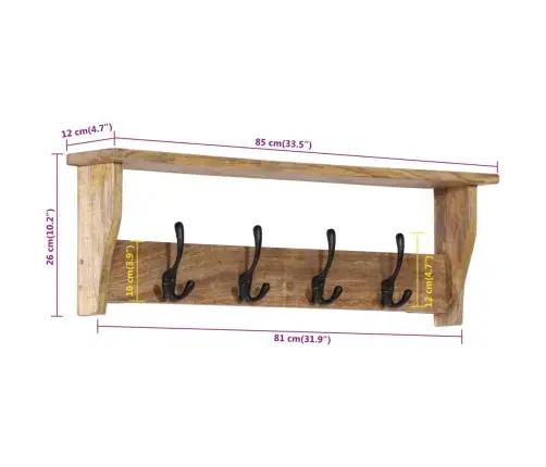 Sienas Drēbju Pakaramais Ar 4 Āķiem, Mango Masīvkoks Vidaxl