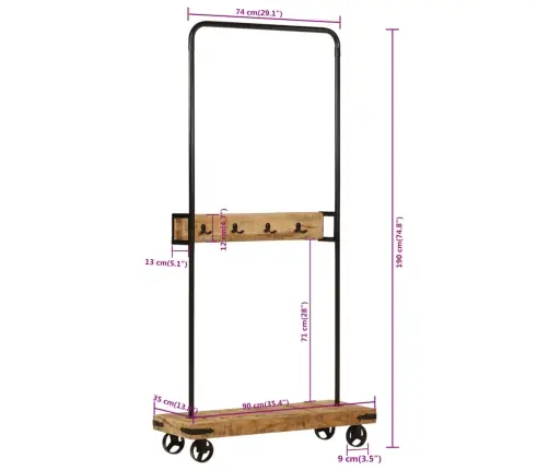 Drēbju Pakaramais Ar Riteņiem, 90X35X190 Cm, Mango Koks, Dzelzs Vidaxl