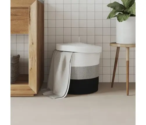 Uzglabāšanas Grozs Ar Vāku, Balts Ar Melnu, Ø40X35 Cm, Kokvilna Vidaxl