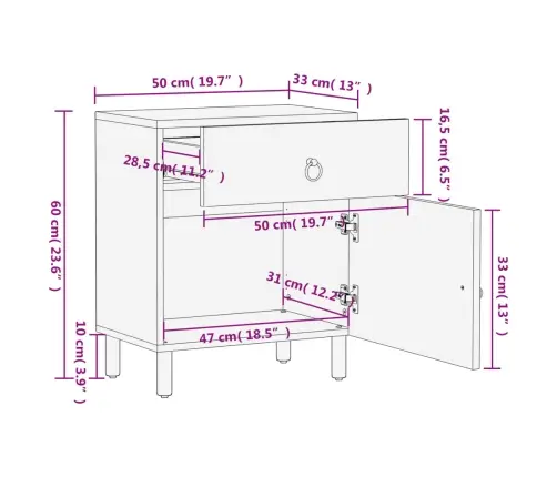 Naktsskapītis, 50X33X60 Cm, Mango Masīvkoks Vidaxl