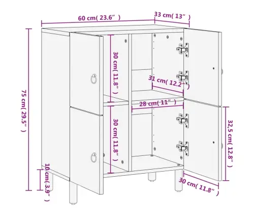 Külgkapp, 60 X 33 X 75 cm Mangopuit