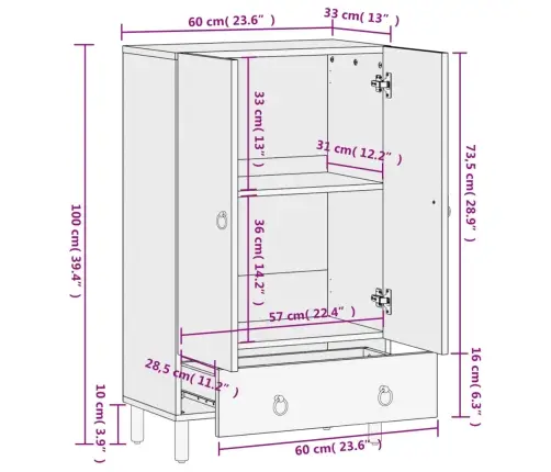 Augstais Skapītis, 60X33X100 Cm, Mango Masīvkoks   Vidaxl