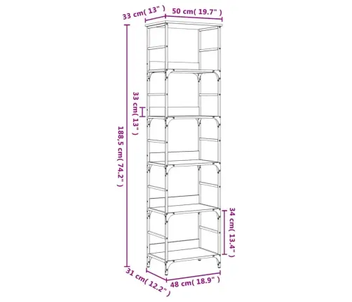 Grāmatplaukts, Ozolkoka, 50X33X188,5 Cm, Inženierijas Koks Vidaxl