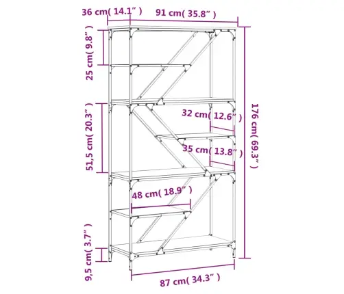 Grāmatplaukts, 91X36X176 Cm, Inženierijas Koks, Tērauds Vidaxl