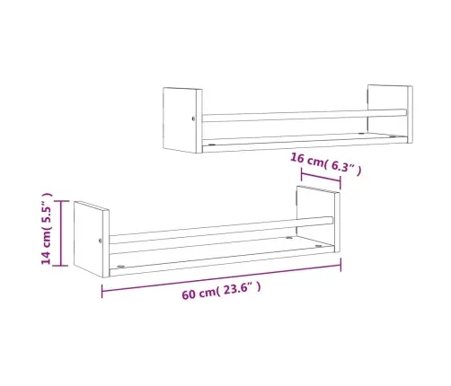Lattidega Seinariiulid 2 Tk, Suitsutatud Tamm, 60 X 16 X 14 Cm