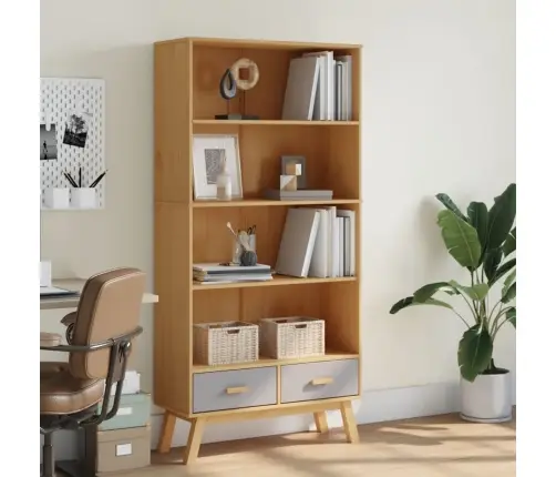 Knygų Spinta Olden, 4 Lentynos, Pilka Ir Ruda, Pušies Masyvas