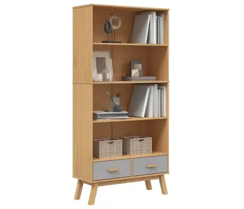 Knygų Spinta Olden, 4 Lentynos, Pilka Ir Ruda, Pušies Masyvas